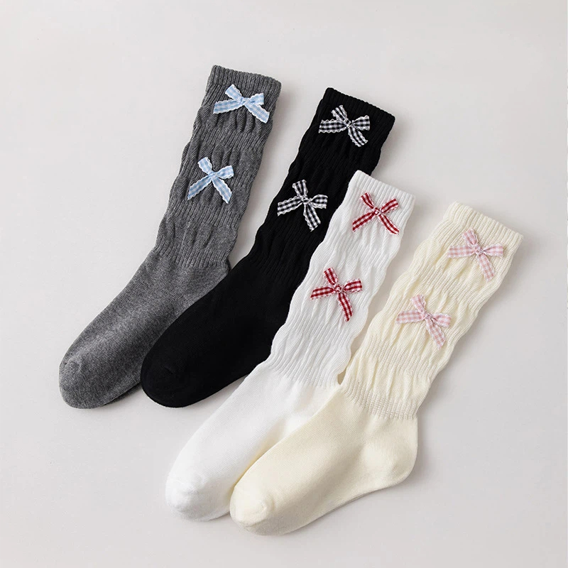 Baby Sock Oximeter - 子供用ロングソックス 女の子用 春秋 コットンリボン付き 子供用カーフソックス レトロ無地
