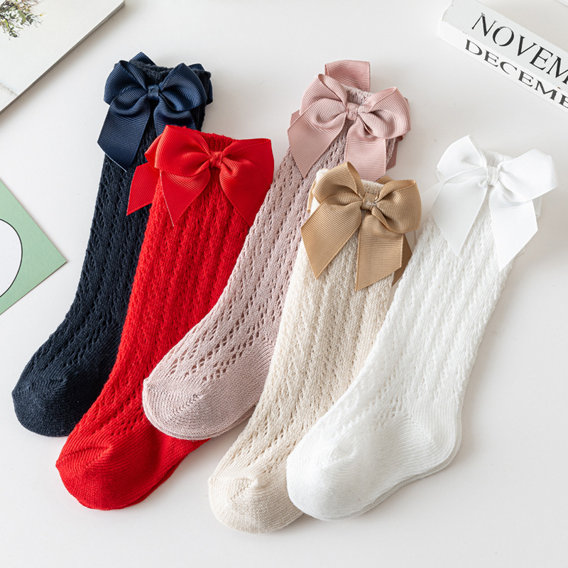 夏の女の赤ちゃん靴下幼児弓ロング靴下子供ニーハイソフト綿メッ - Baby Sock Oximeter のレビューと価格